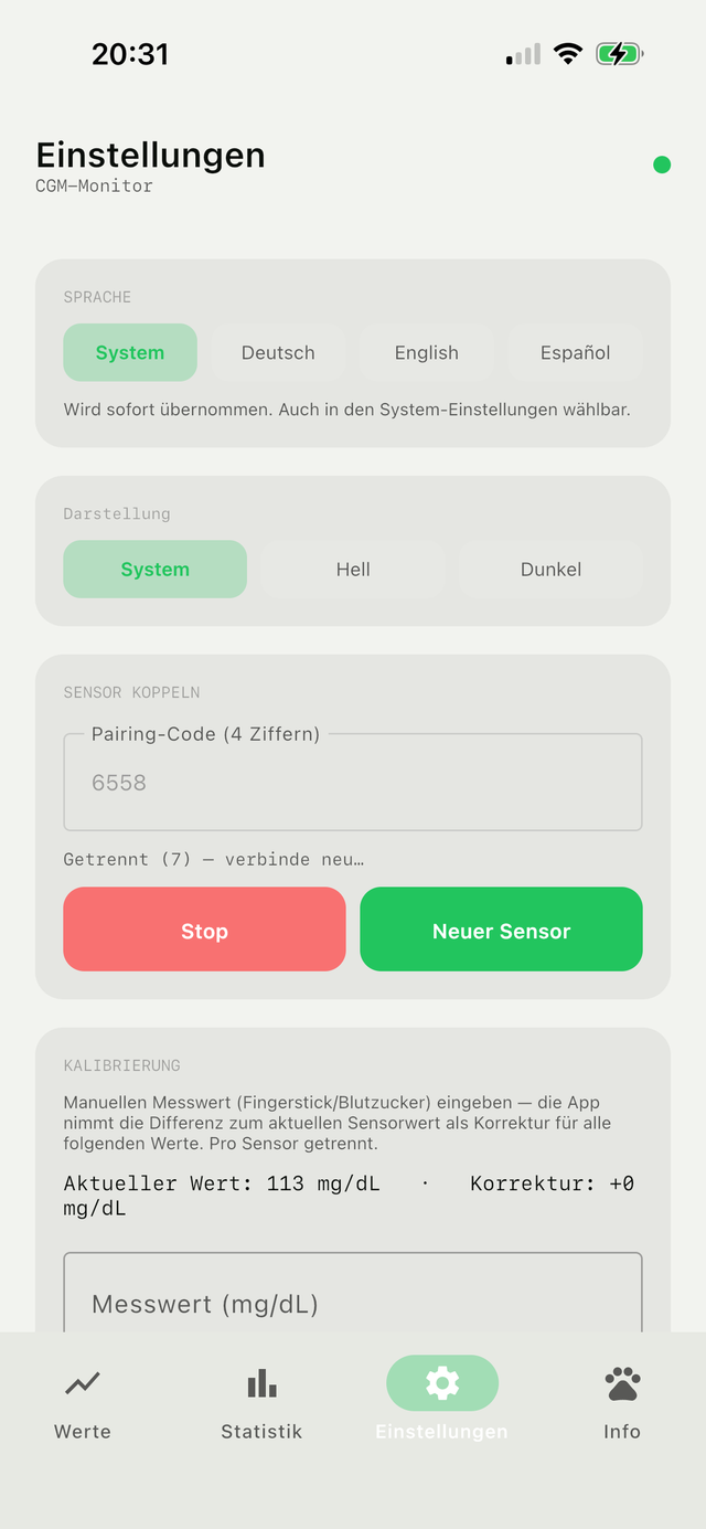 Screenshot der Pebbels APP: Einstellungen mit Sensor-Kopplung, Pairing-Code und Steuerung