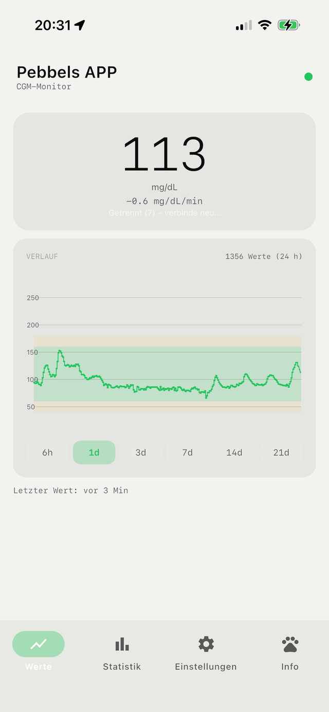 Screenshot der Pebbels APP: Werte-Ansicht mit großem aktuellem Wert und Verlaufsgraph mit Zielbereich